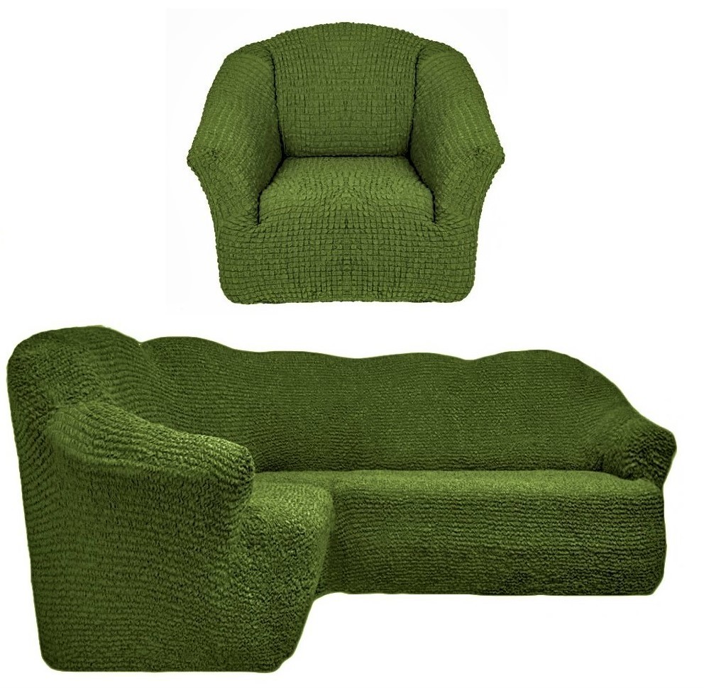 Чехол на угловой диван и одно кресло без оборки зеленый