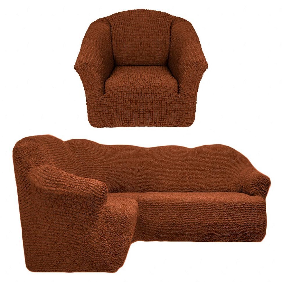 Чехол на угловой диван и одно кресло без оборки коричневый