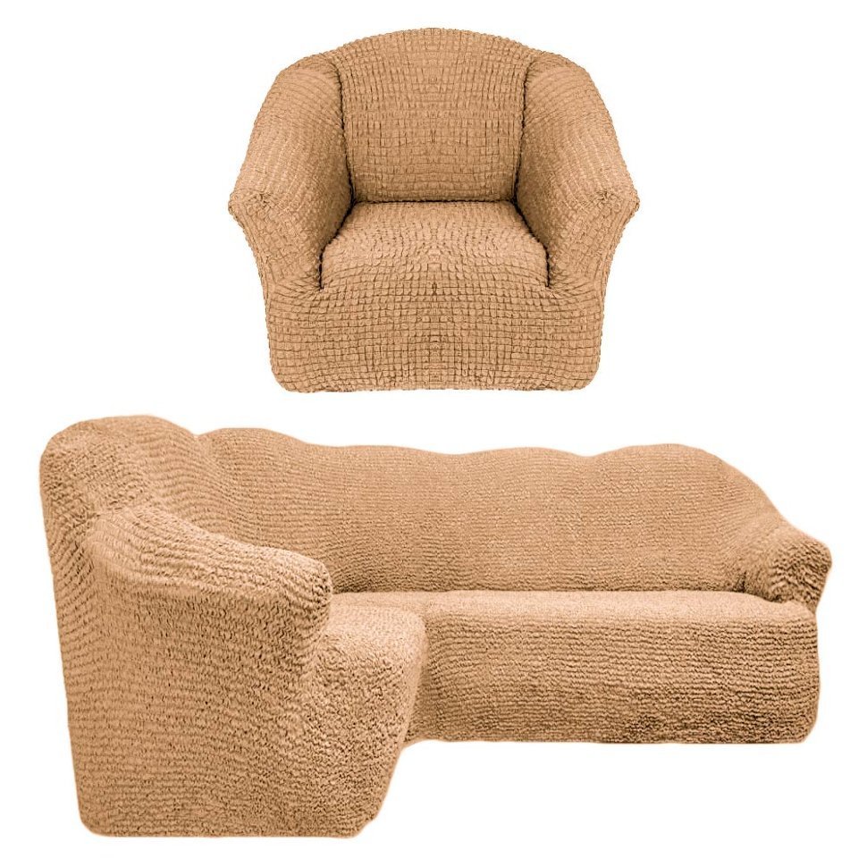 Чехол на угловой диван и одно кресло без оборки песочный