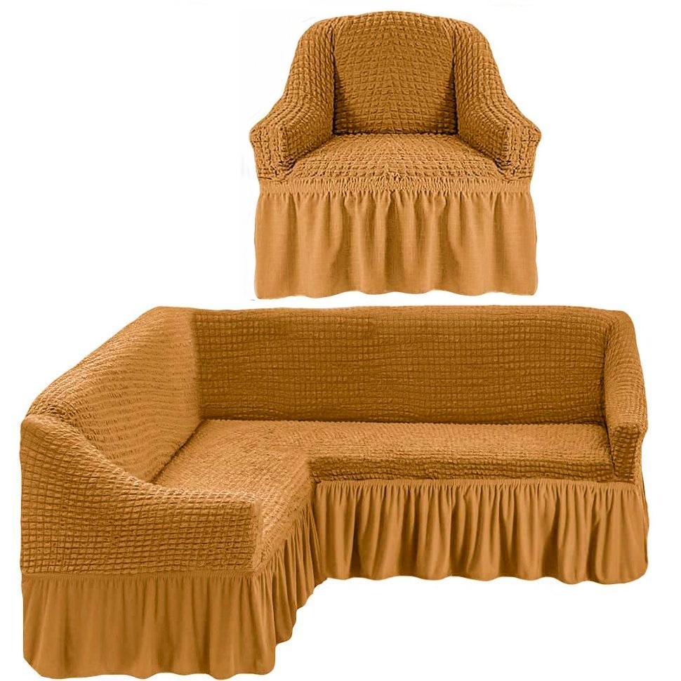 Чехол на угловой диван и одно кресло горчичный