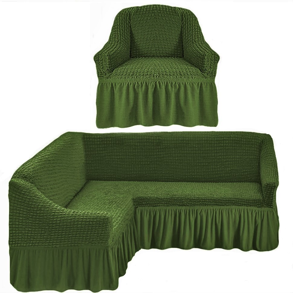 Чехол на угловой диван и одно кресло зеленый