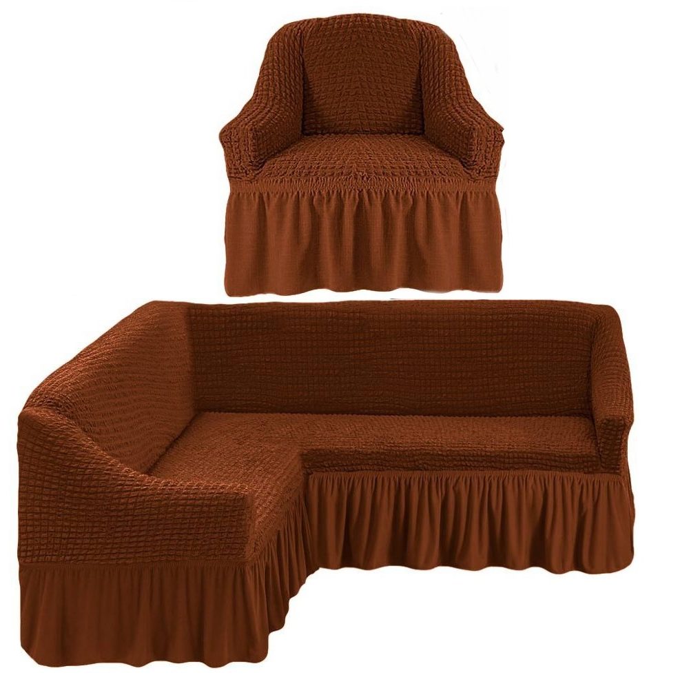 Чехол на угловой диван и одно кресло коричневый