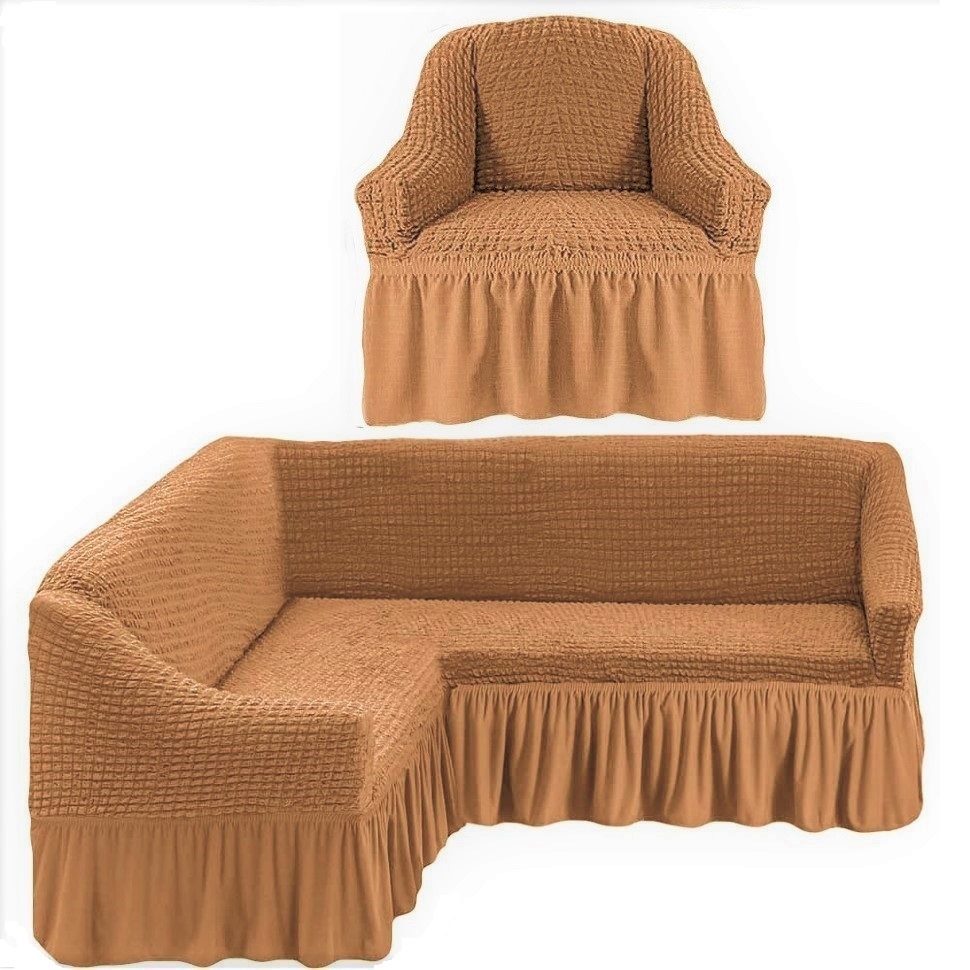 Чехол на угловой диван и одно кресло песочный