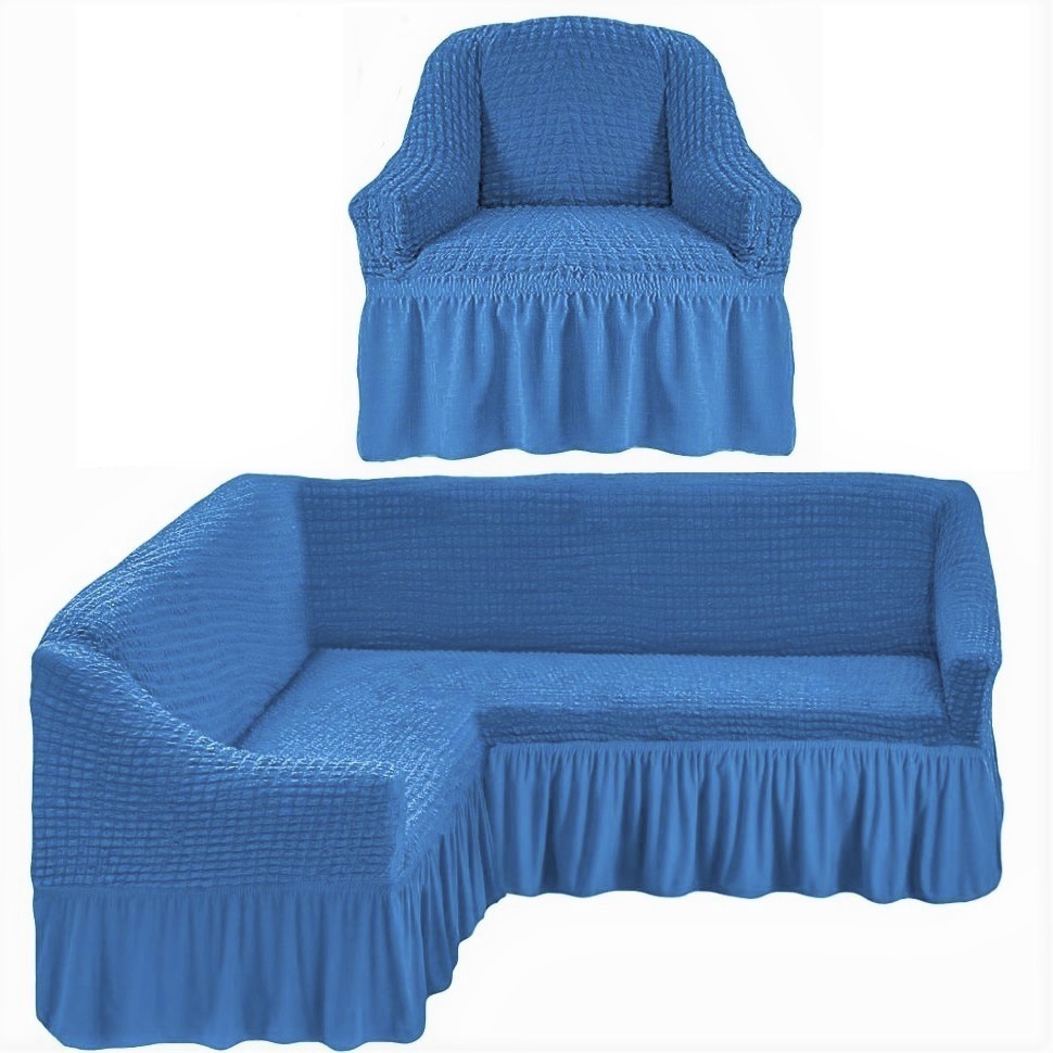 Чехол на угловой диван и одно кресло синий